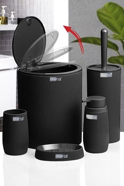 devigo 5 Piece Striped Bathroom Set - Dustbin, Toilet, Toothbrush, Liquid Soap Dispenser Solid