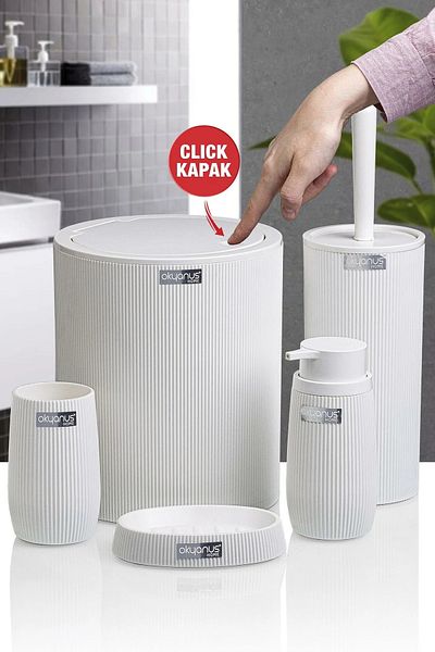 devigo 5 Piece Striped Bathroom Set - Dustbin, Toilet, Toothbrush, Liquid Soap Dispenser Solid
