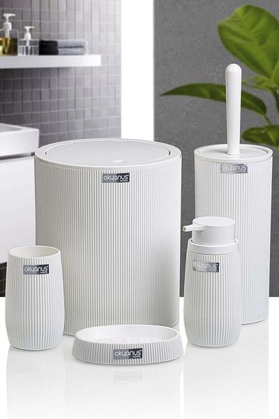 devigo 5 Piece Striped Bathroom Set - Dustbin, Toilet, Toothbrush, Liquid Soap Dispenser Solid