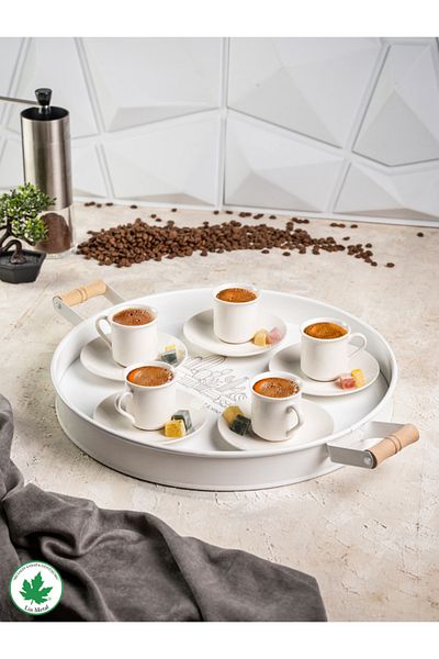 linmetal 37cm Wooden Handle White Metal Tray Round Tea Tray Presentation Tray with Wooden Handle (CACTUS PRINT)