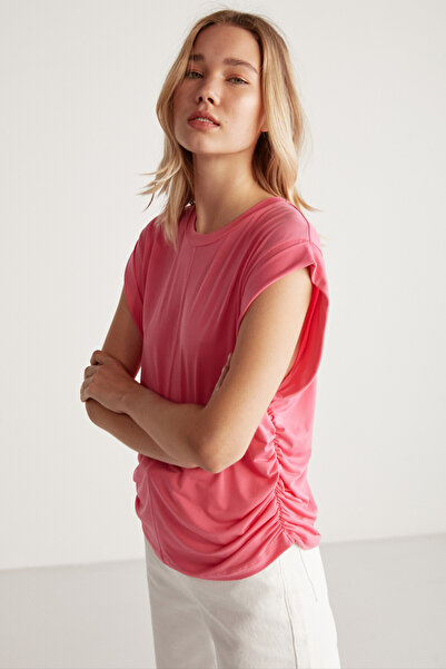 GRIMELANGE Roberta Women's Sandy Flowy and Flexible Fabric Oversize Pink Blouse