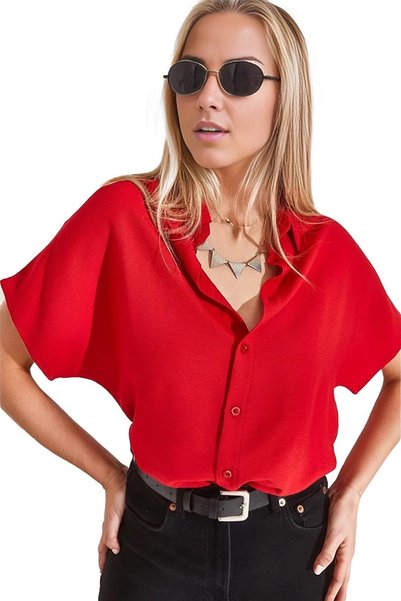 Cassime Women's Red Oversize Bat Short Sleeve Linen Shirt with Buttons