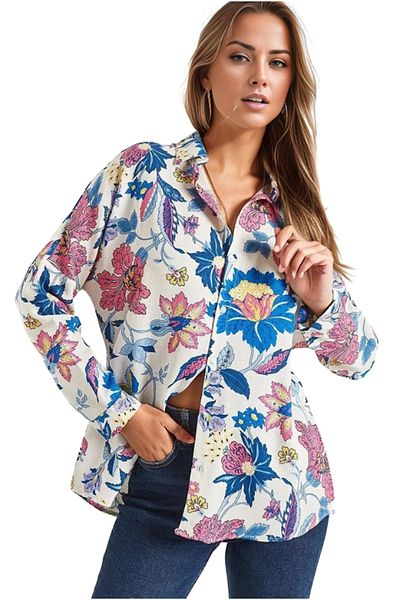Cassime Cămașă de damă oversize din in cu model flori de lotus - cu nasturi