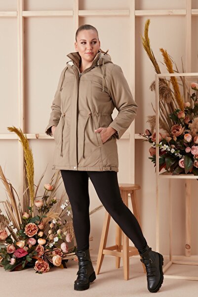 RMG Hooded Plus Size Mink Coat with Waist Tie Detail