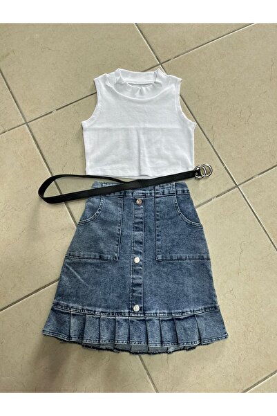 Ysferbutik Girl's Denim Skirt and T-Shirt with Belt