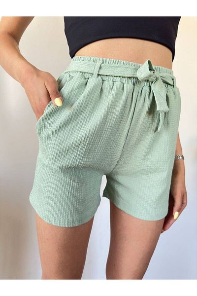 Bleu Petite Pantaloni scurți de damă cu detaliu din material textil șifonat