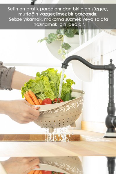 Meleni Home 4'lü Yuvarlak  Kase ve Süzgeç Seti,Çok Amaçlı Kase Seti,Çırpma Kabı,Süzgeçli Badya Seti Bej