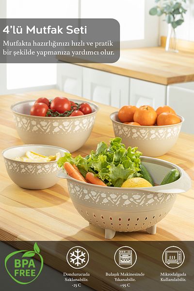 Meleni Home 4-Piece Round Bowl and Strainer Set, Multi-Purpose Bowl Set, Whisk, Badya Set with Strainer Beige