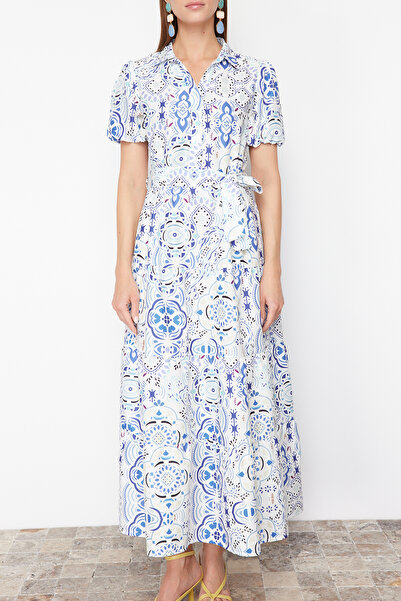 Trendyol Collection Μαξι υφαντό φόρεμα πουκάμισου με γιακά με φαρδύ κόψιμο TWOSS24EL00861