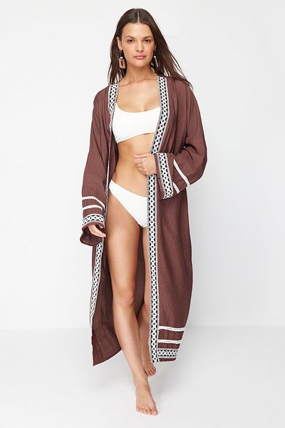 Trendyol Collection Hnědé Maxi Woven Stripe Příslušenství Kimono&Kaftan TBESS24KM00059