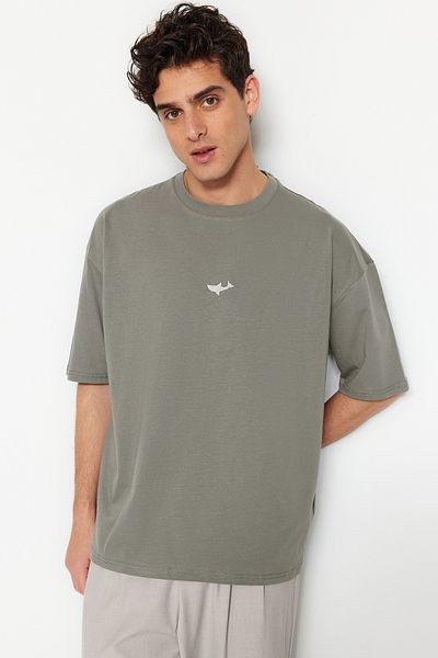 Trendyol Collection Crew Neck Anthracite Oversize T-Shirt - Shark Embroidered, Short Sleeve TMNSS23TS00245