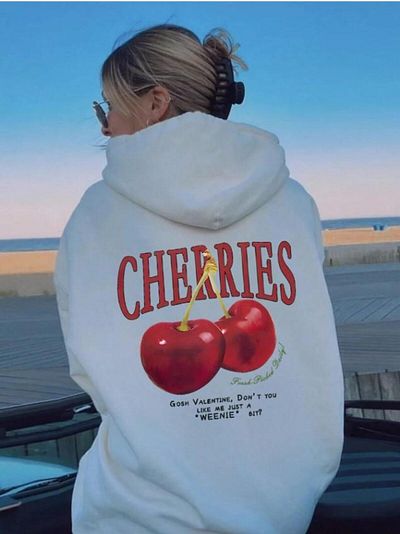 Onnbloom Ecru Color Oversize Hooded Hoodie - Unisex Street Wear Cherry Printed Sweatshirt