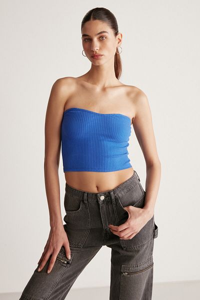 GRIMELANGE Keira Damen-Bustier aus trägerlosem, breitem, geripptem, dehnbarem Stoff in Saks-Blau