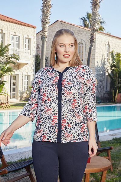 RMG Flower Patterned Plus Size White Blouse