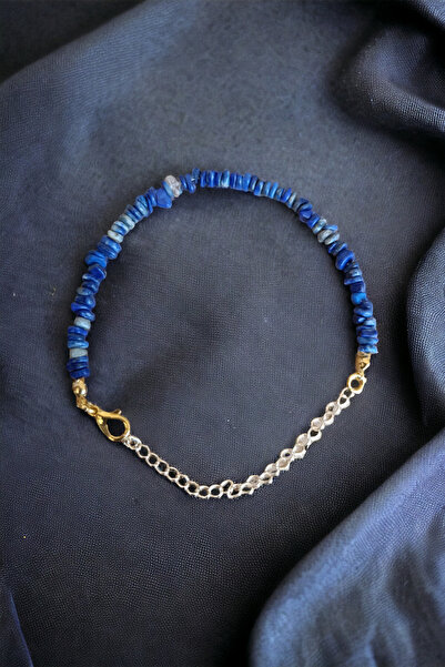 MGA DOĞAL TAŞ Lapis Lazuli İnce Doğal Taş  Kırık Taş Bileklik Gerçek Pirinç Kaplama Zincir Sertifikalı Bileklik