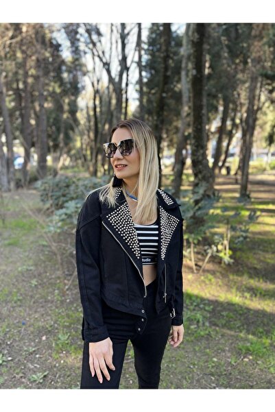 Oreo Zımba Detaylı Fermuarlı Jean Ceket Siyah