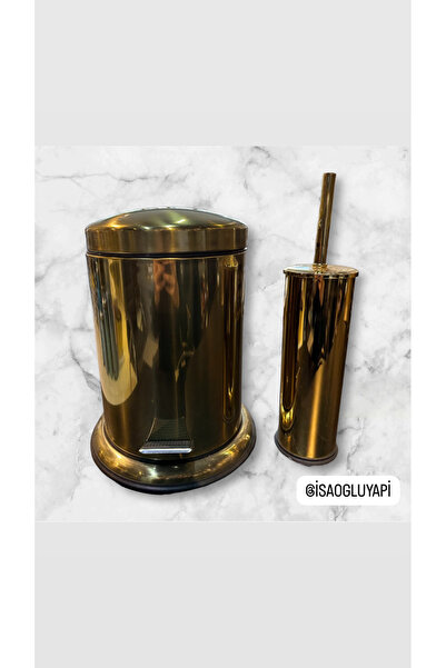 İSAOĞLU YAPI Gold Trash Can & Brush Brass Bathroom Trash Can Gold Soft Close Design