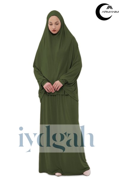 IYDGAH Armanım Practical Two Piece Bat Sleeve Hijab Viscose Fabric Prayer Dress _ Green