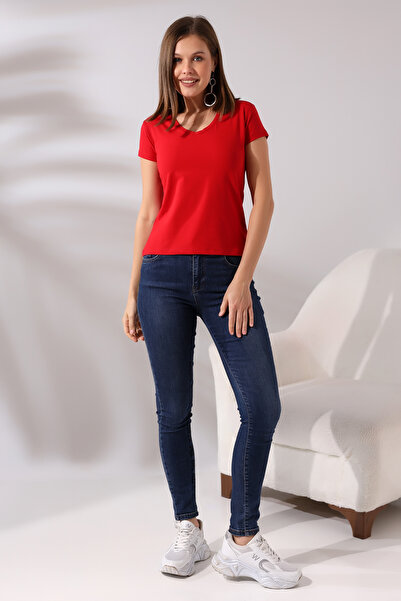 Endies Tricou de bază din bumbac pieptănat compact Lycra cu decolteu în V cu ...