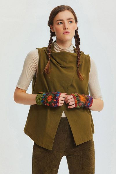 Clandestino Collar Detailed Bohemian Women's Vest Khaki
