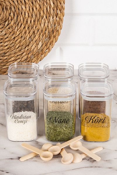 DNS HOME 6-Piece Vacuum Lid and Spoon Acrylic Mica Spice Jar Storage Container Black Labeled Spice Jar Set 250ml