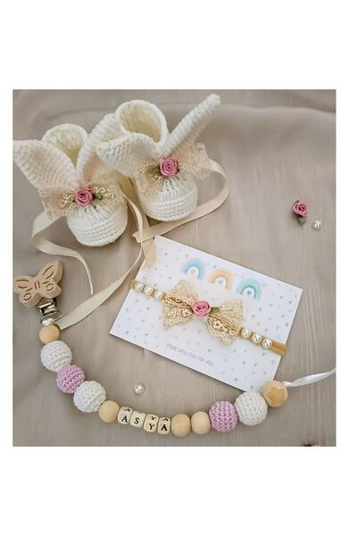 Anivex El Örgü Bebek Patik , Bebek Bandanası Ve Isimli Emzik Zinciri Ahşap Em...