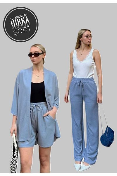 AFROGİYİM Set de 3 piese pentru damă, culoare uni, cu croiala relaxată, pantaloni scurți kimono Set pantaloni unici