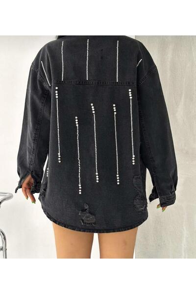 Oreo Taş Detaylı Oversize Jean Gömlek Ceket Füme