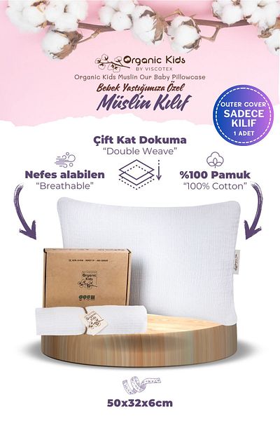 VİSCOTEX Double Layer Muslin Baby Pillowcase, 100% Organic Cotton, 50x32x6 cm