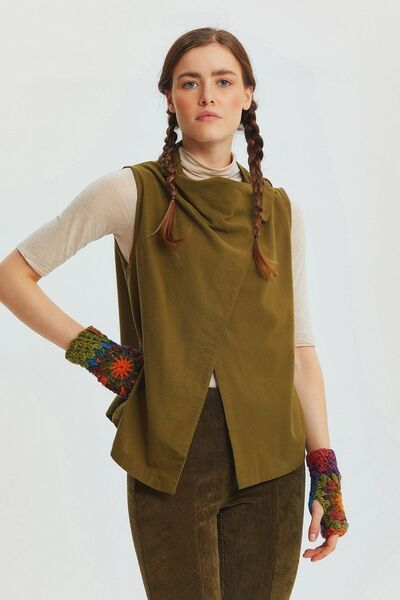Clandestino Collar Detailed Bohemian Women's Vest Khaki