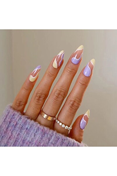 TipsArt Lila Sarı Desenli 24’lü Takma Tırnak Seti & Zararsız Yapıştırıcı