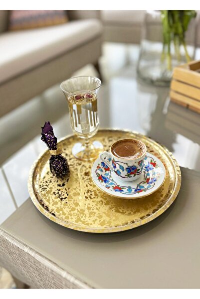 Genel Markalar 25cm Karma Baskılı Gold Yuvarlak İnce Çelik Sofra ve Sunum Tepsisi