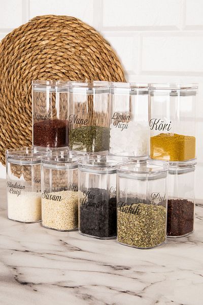DNS HOME 12-Piece Vacuum Lid Acrylic Mica Spice Jar Storage Container with Transparent Label Spice Jar Set 250 ml