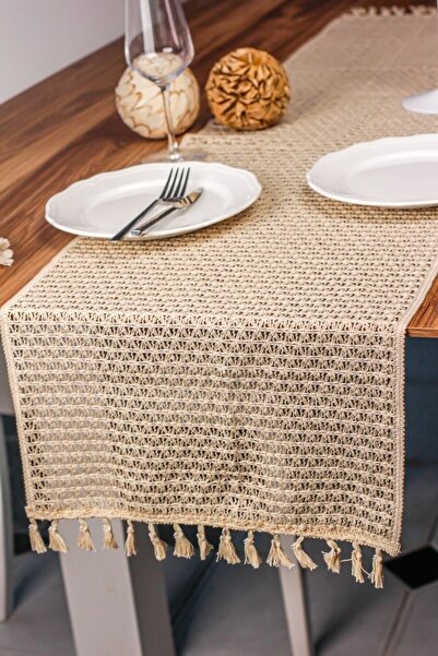 Tropikhome Tül Dantel Örgü Pamuklu Runner Tül Örgü Püsküllü Runner, 35x145 Cm...