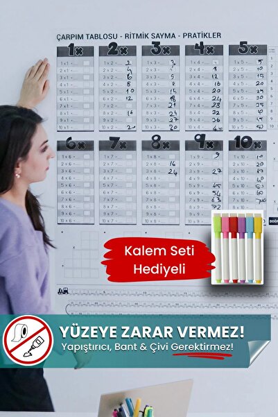 Pi Papers Çarpım Tablosu & 6 Renkli Kalem Seti, Yapışkansız Tutunan Statik Ak...