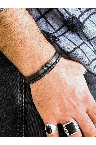 Farah Butik Men's Braided and Plain Black Leather-Magnet Buckle Bracelet-Gift Bracelet