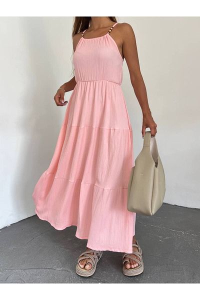 S&A Collectionn Rochie lungă maxi cu bretele cu margele pentru femei, cu talie elastică, roz