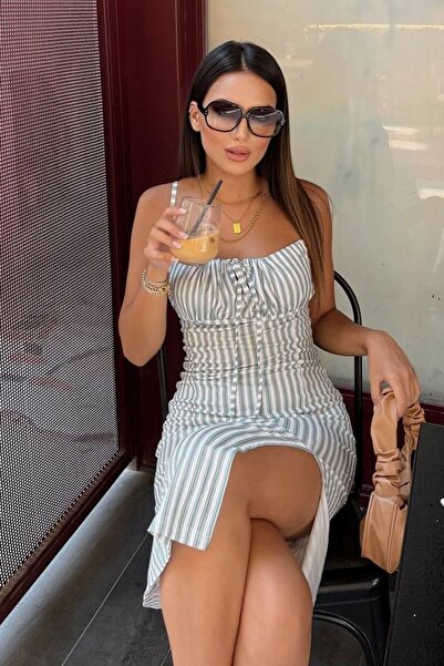 Hisleria Summer Vertical Line Pattern Front Tie Slit Midi Dress - Green Line