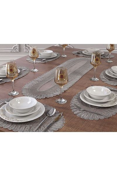 Tropikhome Vivien Gray Embroidered Supla and Runner Set for 12 People - American Service