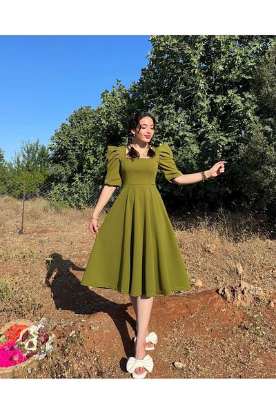 Aqua watermelon sleeve Midi Length Flared Square Collar Dress