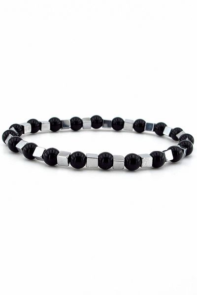 Solfera Men's Bracelet - 6mm Black Onyx and Silver Hematite Natural Stone J0263