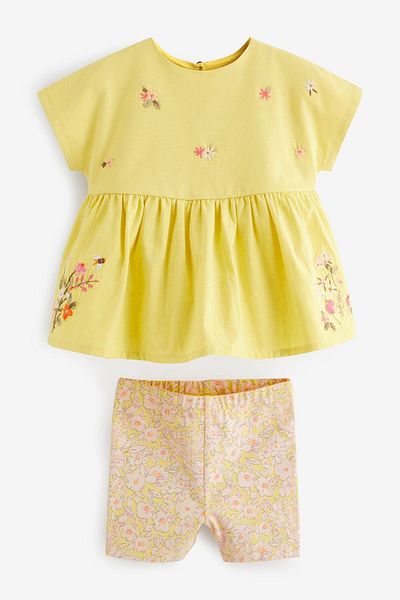 Next Baby Yellow Floral Patterned Cotton Short Sleeve Set - Top and Bottom Set