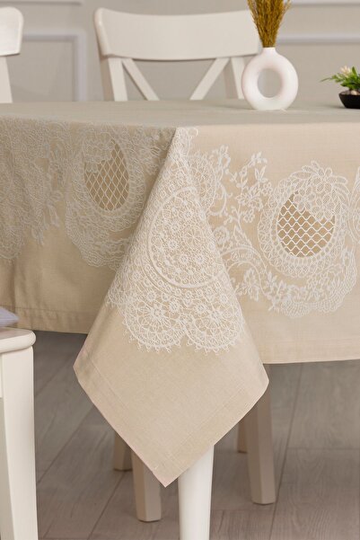 Tropikhome Pano Lace Pamuklu Masa Örtüsü 8 Kişilik 150x220 Cm Masa Örtüsü Bej