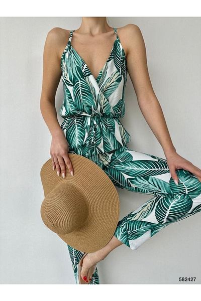 pelinzen Women's Woven Viscose Fabric Elastic Waist Patterned Strappy Jumpsuit