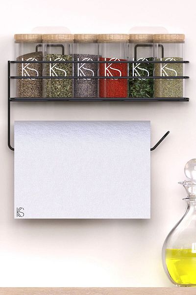 KARTEYA Paper Roll Towel Holder with Adhesive Shelf Napkin Holder Towel Paper Holder Black Bathroom Kitchen Organizer Shelf