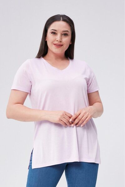 Seamoda Plus Size V-Neck Slit Cotton Basic T-shirt-LILA