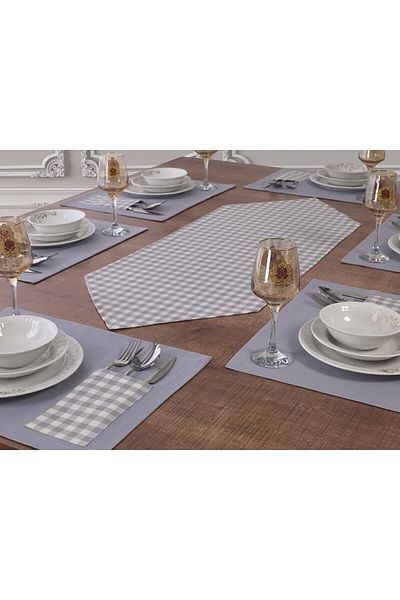 Tropikhome 12-Person Gray Plaid Patterned Supla and Runner Set - American Service
