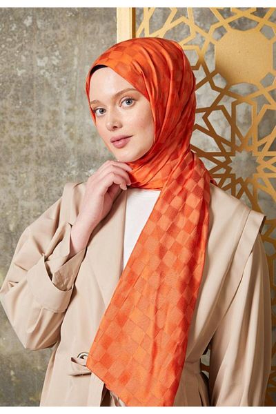 Levidor Orange Jacquard Shawl - Checkerboard