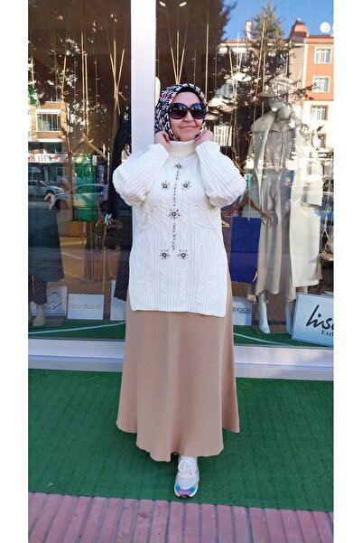 Missemramiss Taş Işlemeli Boğazlı Triko Kazak Ekru 4222