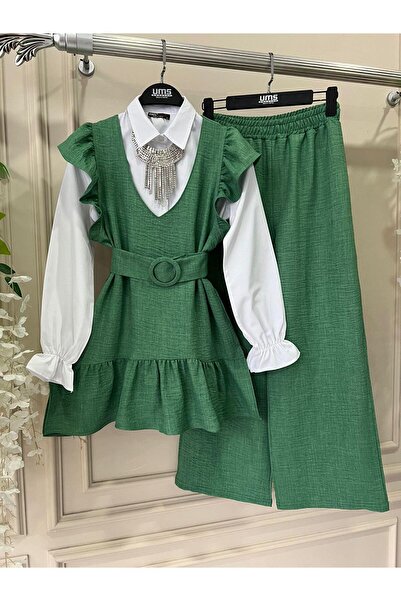 moda periy kadın pamuklu Fırfırlı 4'lü Kombin gömlek yelek pantolon kemer tesettür takım